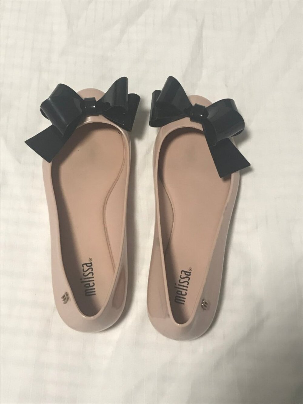 Melissa Beige Nude Jelly Rubber Ballerina Flats with Black Bow 6 - Picture 2 of 7